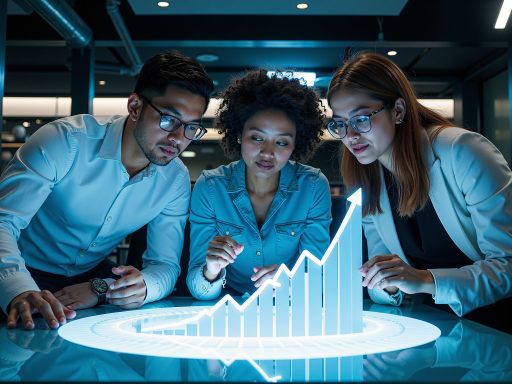 Modern financial service team working with digital devices, showing happy family concept with blue background and professional lighting